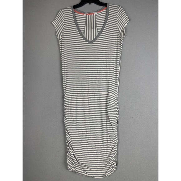 Athleta Dresses & Skirts - Athleta Dress Womens Small Gray Stripe Ruched Bodycon Knee Length Casual T Shirt
